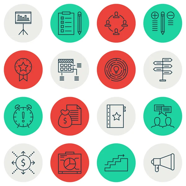 Conjunto de 16 iconos de gestión de proyectos. Puede ser utilizado para el Web, móvil, interfaz de usuario y diseño infográfico. Incluye elementos tales como crecimiento, trabajo en equipo, reunión y más . — Vector de stock