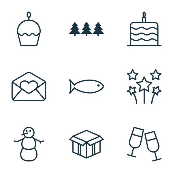 Набір з 9 новорічних іконок. Може використовуватися для веб, мобільного, інтерфейсу та інфографіки. Включає такі елементи, як феєрверк, привітання, зима і багато іншого . — стоковий вектор