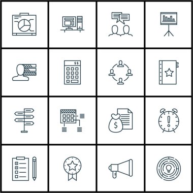 16 proje yönetimi simgeler kümesi. Web, mobil, UI ve Infographic tasarımı için kullanılabilir. Plan, para, yönetimi ve daha fazlası gibi unsurları içerir.