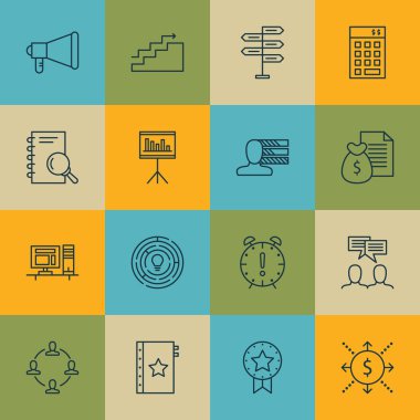 16 proje yönetimi simgeler kümesi. Web, mobil, UI ve Infographic tasarımı için kullanılabilir. Kişilik, bütçe, işbirliği ve daha fazlası gibi unsurları içerir.