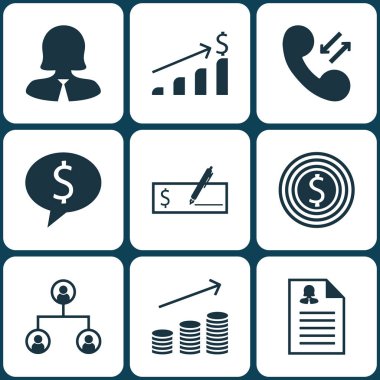 9 yönetim simgeler kümesi. Web, mobil, UI ve Infographic tasarımı için kullanılabilir. Tartışma, onay, başarı ve daha fazlası gibi unsurları içerir.