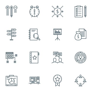 16 proje yönetimi simgeler kümesi. Web, mobil, UI ve Infographic tasarımı için kullanılabilir. Kazanmak, rozet, işbirliği ve daha fazlası gibi unsurları içerir.