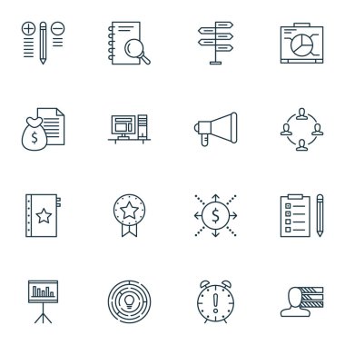 16 proje yönetimi simgeler kümesi. Web, mobil, UI ve Infographic tasarımı için kullanılabilir. Office, beyin fırtınası, liste ve daha fazlası gibi unsurları içerir.