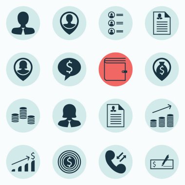 16 yönetimi simgeler kümesi. Web, mobil, UI ve Infographic tasarımı için kullanılabilir. Telefon, büyüme, liste ve daha fazla gibi unsurları içerir.