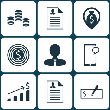 9 yönetim simgeler kümesi. Web, mobil, UI ve Infographic tasarımı için kullanılabilir. Uygulama, para, banka ve daha fazlası gibi unsurları içerir.