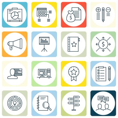 16 proje yönetimi simgeler kümesi. Web, mobil, UI ve Infographic tasarımı için kullanılabilir. Para, karar, grafik ve daha fazlası gibi unsurları içerir.