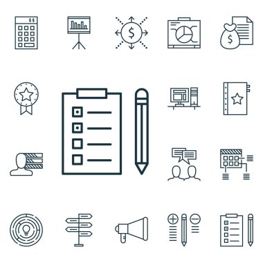 16 proje yönetimi simgeler kümesi. Web, mobil, UI ve Infographic tasarımı için kullanılabilir. Kalite, rapor, Kişilik ve daha fazlası gibi unsurları içerir.