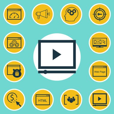 12 Seo simgeler kümesi. Web, mobil, UI ve Infographic tasarımı için kullanılabilir. Gibi unsurları içerir Viral, yaratıcılık, dijital ve daha fazlası.
