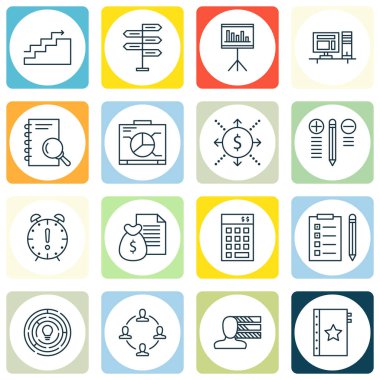 16 proje yönetimi simgeler kümesi. Web, mobil, UI ve Infographic tasarımı için kullanılabilir. Office, beyin fırtınası, kişisel ve daha fazlası gibi unsurları içerir.