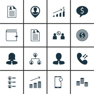 16 yönetimi simgeler kümesi. Web, mobil, UI ve Infographic tasarımı için kullanılabilir. Cep, paralar, m-cüzdan ve daha fazlası gibi unsurları içerir.