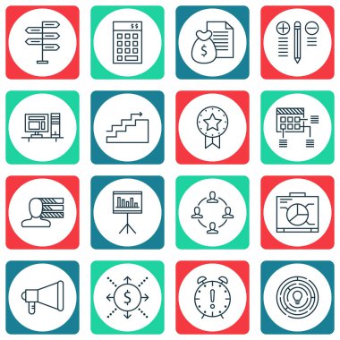16 proje yönetimi simgeler kümesi. Web, mobil, UI ve Infographic tasarımı için kullanılabilir. Grafik, kişisel, yapma ve daha fazla gibi unsurları içerir.