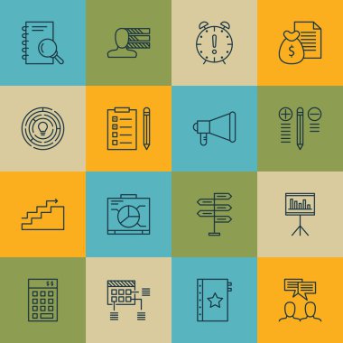 16 proje yönetimi simgeler kümesi. Web, mobil, UI ve Infographic tasarımı için kullanılabilir. İstatistikler, çatal, finans ve daha fazlası gibi unsurları içerir.