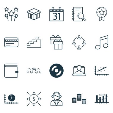 20 evrensel düzenlenebilir simgeler kümesi. Web, mobil ve App tasarım için kullanılabilir. Para, daire grafiği, açık karton ve daha fazlası gibi unsurları içerir.