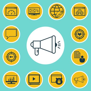 12 pazarlama simgeler kümesi. Web, mobil, UI ve Infographic tasarımı için kullanılabilir. Online virüs, e-posta gibi öğeleri içerir ve daha fazlası.