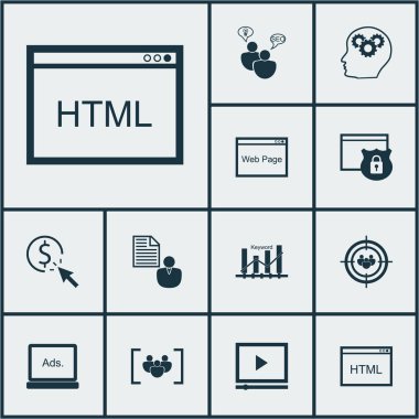 12 Seo simgeler kümesi. Web, mobil, UI ve Infographic tasarımı için kullanılabilir. ' I tıklatın, hedef, istemci ve daha fazlası gibi unsurları içerir.