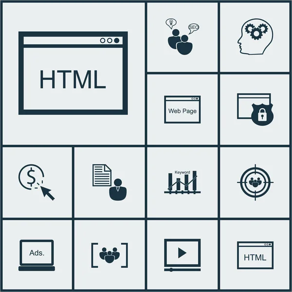 Set von 12 SEO-Symbolen. kann für Web-, Mobil-, UI- und Infografik-Design verwendet werden. enthält Elemente wie Klick, Ziel, Client und mehr. — Stockvektor
