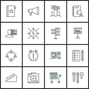16 proje yönetimi simgeler kümesi. Web, mobil, UI ve Infographic tasarımı için kullanılabilir. Akış, Pano, grafik ve daha fazlası gibi unsurları içerir.