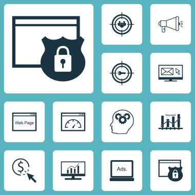 12 pazarlama simgeler kümesi. Web, mobil, UI ve Infographic tasarımı için kullanılabilir. Web sitesi, güvenlik, e-posta ve daha fazlası gibi unsurları içerir.