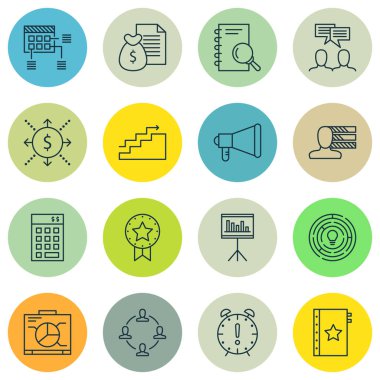 16 proje yönetimi simgeler kümesi. Web, mobil, UI ve Infographic tasarımı için kullanılabilir. Pano, kişisel, rozet ve daha fazlası gibi unsurları içerir.