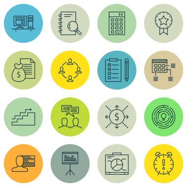 16 proje yönetimi simgeler kümesi. Web, mobil, UI ve Infographic tasarımı için kullanılabilir. Finans, işbirliği, tanıtımı ve daha fazlası gibi unsurları içerir.