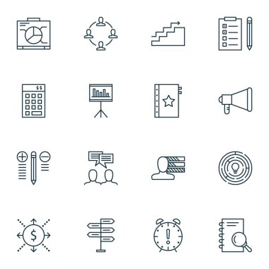 16 proje yönetimi simgeler kümesi. Web, mobil, UI ve Infographic tasarımı için kullanılabilir. Takım, para, sağ ve daha fazlası gibi unsurları içerir.