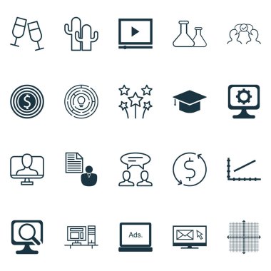 20 evrensel düzenlenebilir simgeler kümesi. Web, mobil ve App tasarım için kullanılabilir. Dizüstü bilgisayar, şampanya bardakları, kaktüsler ve daha fazlası gibi unsurları içerir.