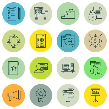16 proje yönetimi simgeler kümesi. Web, mobil, UI ve Infographic tasarımı için kullanılabilir. Takım, yatırım, çatal ve daha fazlası gibi unsurları içerir.