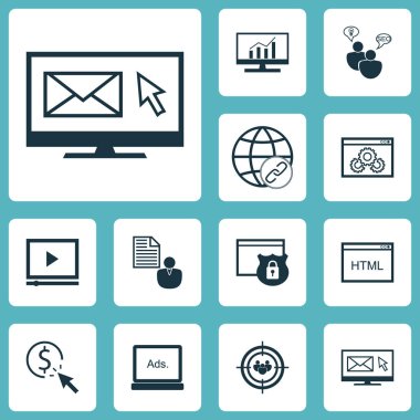 12 reklam simgeler kümesi. Web, mobil, UI ve Infographic tasarımı için kullanılabilir. Optimizasyon, pazarlama, eşleştirme ve daha fazlası gibi unsurları içerir.