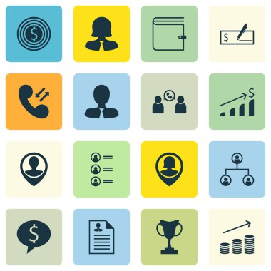 16 saat simgeler kümesi. Web, mobil, UI ve Infographic tasarımı için kullanılabilir. Adaylar, m-cüzdan ve telefon gibi unsurları içerir.