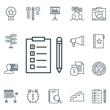16 proje yönetimi simgeler kümesi. Web, mobil, UI ve Infographic tasarımı için kullanılabilir. Araştırma, çatal, ödül ve daha fazlası gibi unsurları içerir.