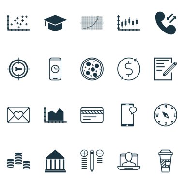 20 evrensel düzenlenebilir simgeler kümesi. Web, mobil ve App tasarım için kullanılabilir. Pizza yemek, kutlama mektubu, sıra grafik ve daha fazlası gibi unsurları içerir.