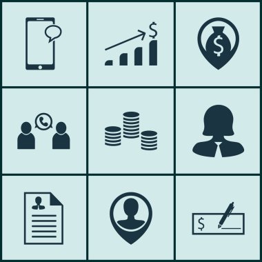 9 yönetim simgeler kümesi. Web, mobil, UI ve Infographic tasarımı için kullanılabilir. Erkek, banka, kullanıcı ve daha fazlası gibi unsurları içerir.