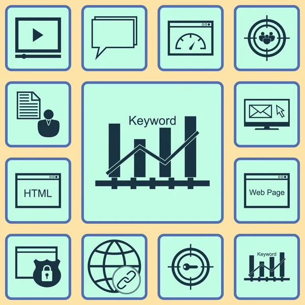 Sada 12 Marketing ikon. Lze použít pro webové, mobilní, Ui a infografika Design. Obsahuje prvky, jako je poradenství, porovnávání, hodnocení a další. — Stockový vektor