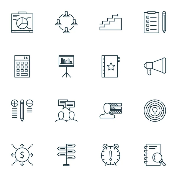 Conjunto de 16 iconos de gestión de proyectos. Puede ser utilizado para el Web, móvil, interfaz de usuario y diseño infográfico. Incluye elementos tales como equipo, dinero, derecho y más . — Vector de stock