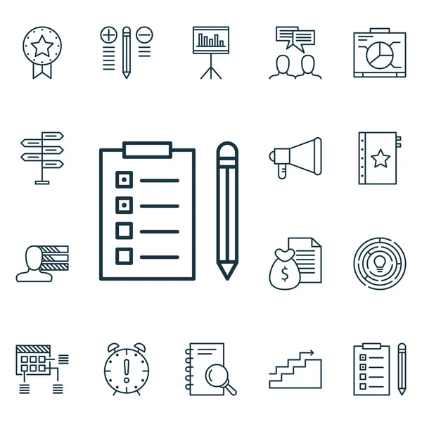 Készlet 16 projekt menedzsment ikonok. Lehet használni a Web, mobil, Ui és Infographic Design. Magában foglalja a elemeket, mint a kutatás, villát, díj, és több. — Stock Vector