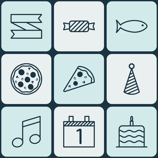 Uppsättning av 9 glad Nyåren ikoner. Kan användas för webb, mobil, Ui och Infographic Design. Element som Sweet, Obs, Slice och mer. — Stock vektor