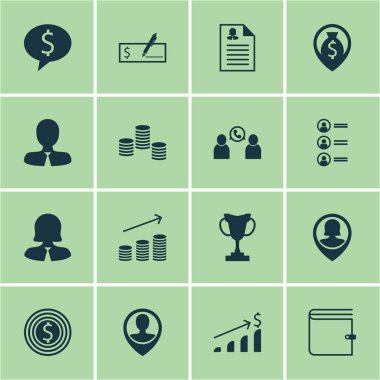 16 insan kaynakları simgeler kümesi. Web, mobil, UI ve Infographic tasarımı için kullanılabilir. Kupası, Doları, PIN ve daha fazlası gibi unsurları içerir.