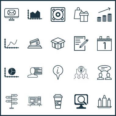 20 evrensel düzenlenebilir simgeler kümesi. Web, mobil ve App tasarım için kullanılabilir. Kişisel becerileri, fırsat, paket servisi olan restoran kahve ve daha fazlası gibi unsurları içerir.