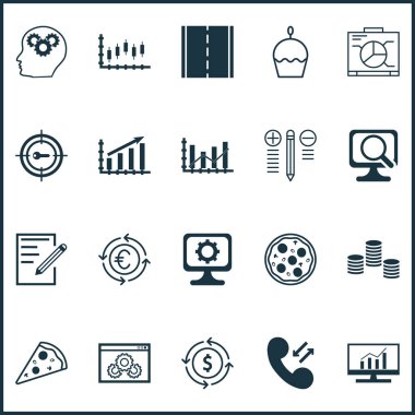 20 evrensel düzenlenebilir simgeler kümesi. Web, mobil ve App tasarım için kullanılabilir. Para, Pizza yemek, fotoğraf makinesi ve daha fazlası gibi unsurları içerir.