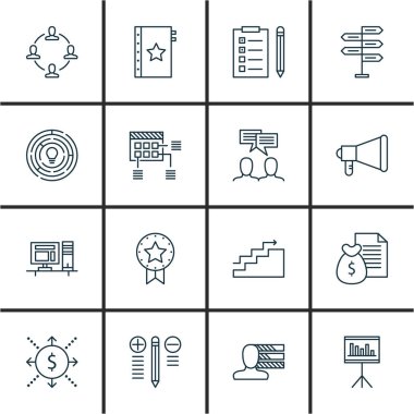 16 proje yönetimi simgeler kümesi. Web, mobil, UI ve Infographic tasarımı için kullanılabilir. Kişisel gibi öğeleri, garanti, para ve daha fazlasını içerir.