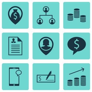 9 yönetim simgeler kümesi. Web, mobil, UI ve Infographic tasarımı için kullanılabilir. Kariyer, banka, hareket eden ve daha fazlası gibi unsurları içerir.