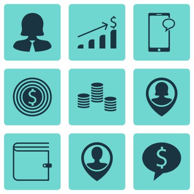 9 insan kaynakları simgeler kümesi. Web, mobil, UI ve Infographic tasarımı için kullanılabilir. PIN, çanta ve Profile gibi unsurları içerir.