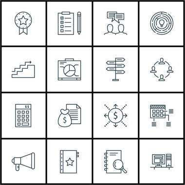 16 proje yönetimi simgeler kümesi. Web, mobil, UI ve Infographic tasarımı için kullanılabilir. Raporu, bütçe, kalite ve daha fazlası gibi unsurları içerir.
