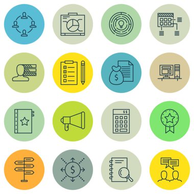 16 proje yönetimi simgeler kümesi. Web, mobil, UI ve Infographic tasarımı için kullanılabilir. Grafik, Office, işbirliği ve daha fazlası gibi unsurları içerir.