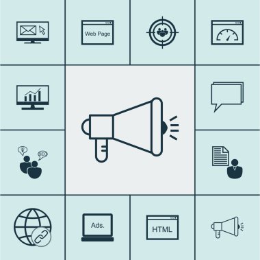 12 Seo simgeler kümesi. Web, mobil, UI ve Infographic tasarımı için kullanılabilir. Web, odak, bülten ve daha fazlası gibi unsurları içerir.