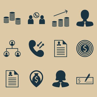 12 yönetimi simgeler kümesi. Web, mobil, UI ve Infographic tasarımı için kullanılabilir. Çalışan, onay, para ve daha fazlası gibi unsurları içerir.