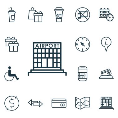 16 seyahat simgeleri ayarlayın. Web, mobil, UI ve Infographic tasarımı için kullanılabilir. Bina, Doları, içki ve daha fazlası gibi unsurları içerir.