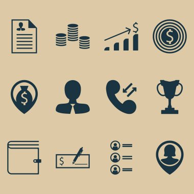 12 yönetimi simgeler kümesi. Web, mobil, UI ve Infographic tasarımı için kullanılabilir. Ödül, profil, harita ve daha fazlası gibi unsurları içerir.
