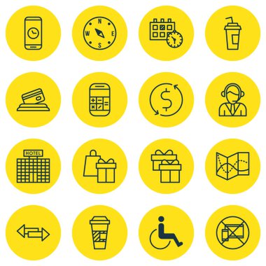 16 ulaşım simgeler kümesi. Web, mobil, UI ve Infographic tasarımı için kullanılabilir. Hayır, devre dışı, Bina ve daha fazlası gibi unsurları içerir.