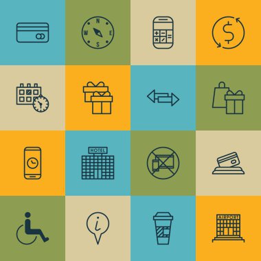 16 ulaşım simgeler kümesi. Web, mobil, UI ve Infographic tasarımı için kullanılabilir. Randevu gibi unsurları işaretçi, felç ve daha fazlasını içerir.